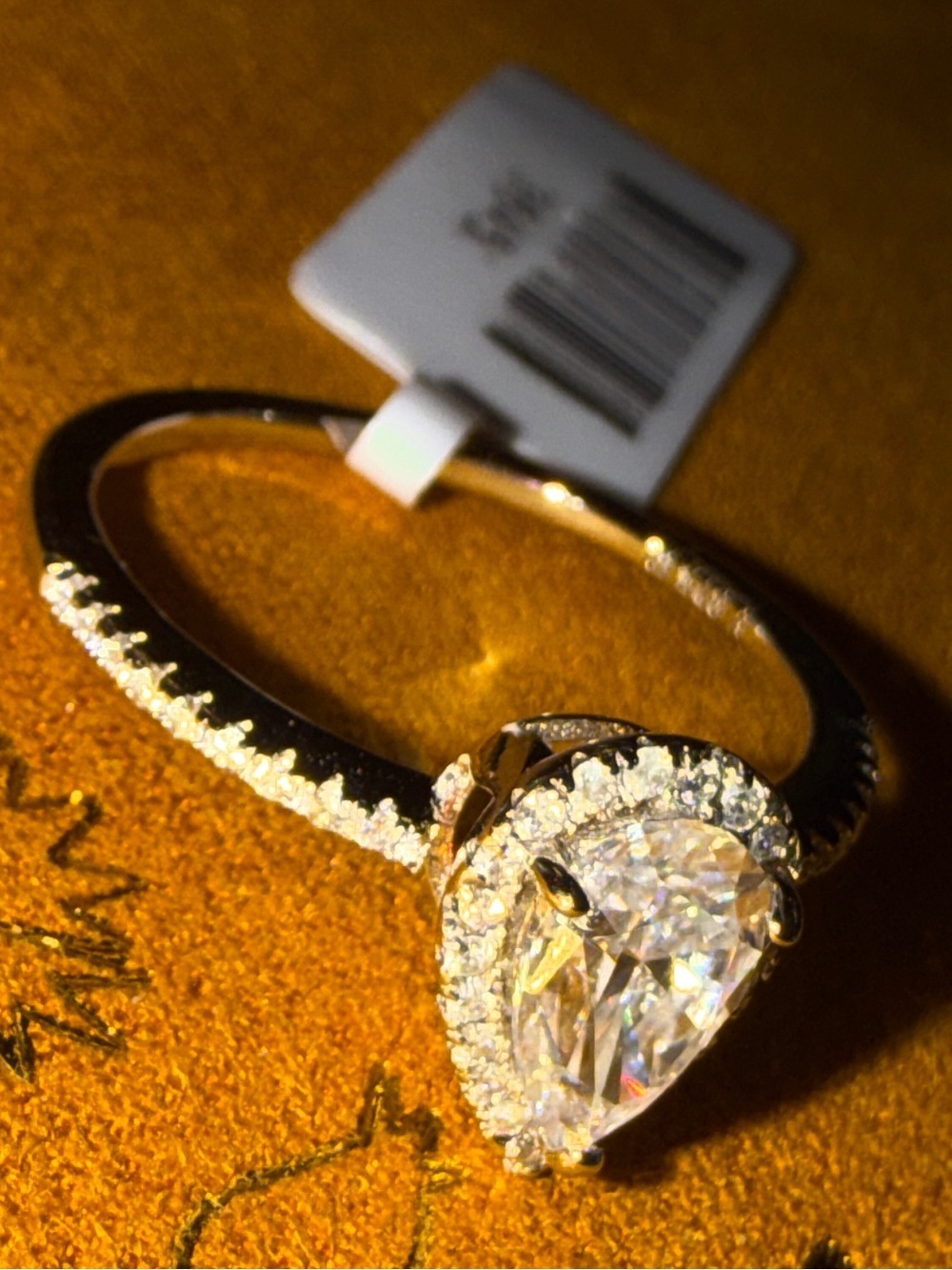 925 Sterling Gold Plated Pear-Shaped Halo Solitaire Ring with Moissanite Stone